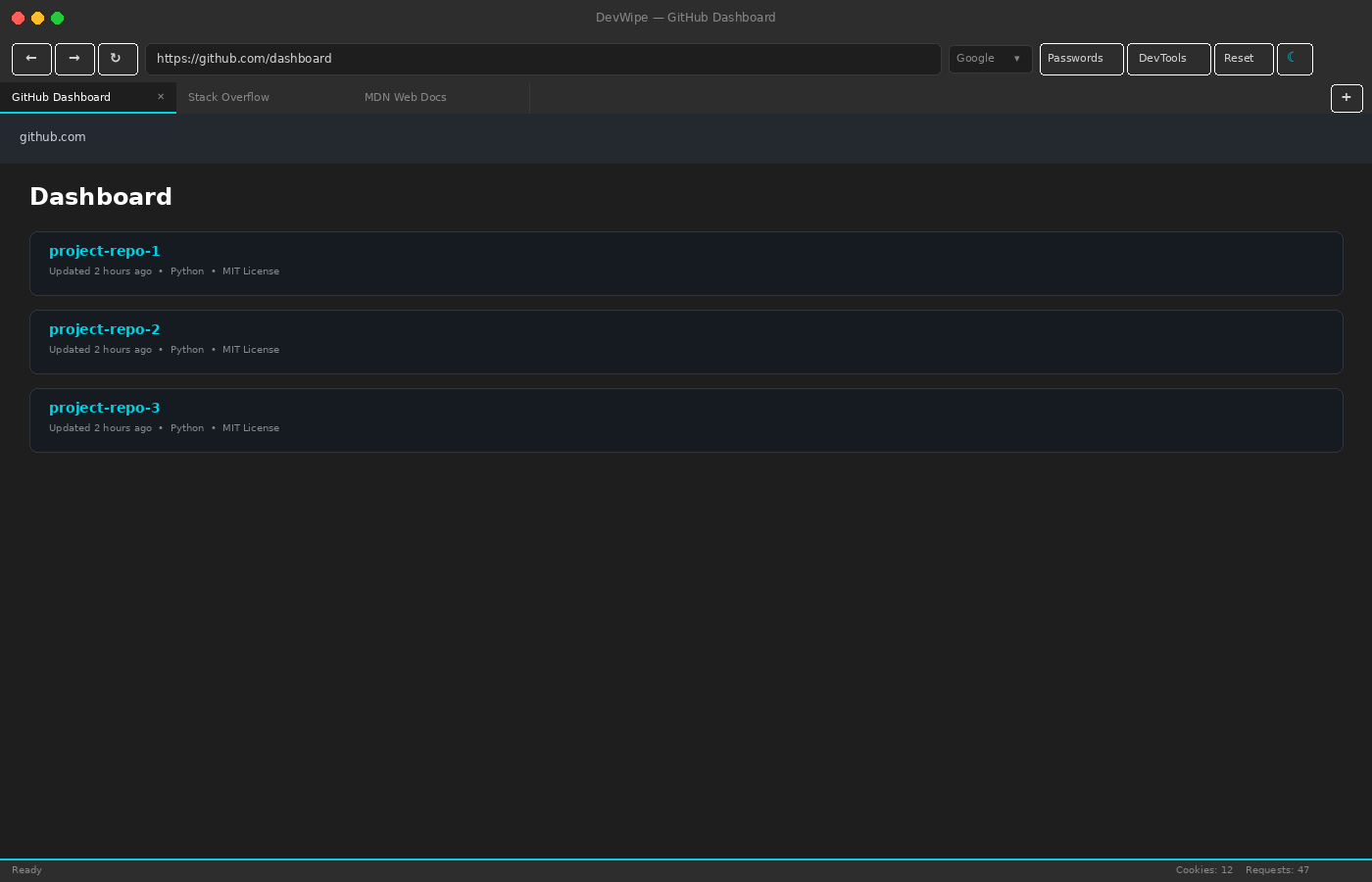 DevWipe Main Browser UI